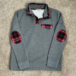 Quilted Top Sweatshirt with Red Plaid Elbow Flannel Accents